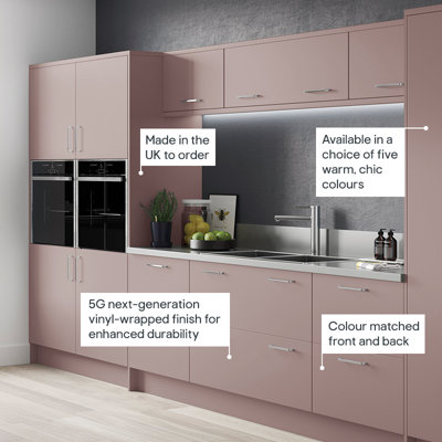 The Ethos kitchen is available in a choice of five warm, chic colours, with cabinets colour matched front and back. Made in the UK, the cabinets have a 5G next-generation vinyl-wrapped finish for enhanced durability.