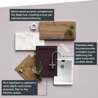 Rich purple cabinetry adds depth and a bold, dramatic flair to the kitchen space. Warm wooden accents complement the deep purple hue, creating a cosy yet sophisticated ambiance. Sleek stainless steel fixtures provide a moden touch, balancing the dark tones with a subtle shine.