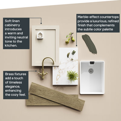 Soft, cream cabinetry introduces a warm and inviting neutral tone to the kitchen. Brass fixtures add a touch of timeless elegance, enhancing the cosy feel. Marble-effect countertops provide a luxurious, refined finish that complements the subtle colour palette.