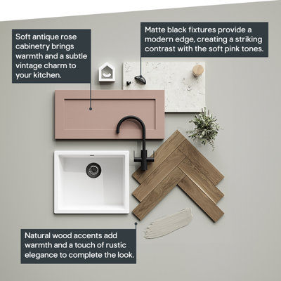 Soft pink cabinetry brings warmth and a subtle vintage charm to your kitchen. Matt black fixtures provide a modern edge, creating a striking contrast with the soft pink tones. Natural wood accents add warmth and a touch of rustic elegance to complete the look.