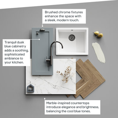 Tranquil soft blue cabinetry adds a soothing, sophisticated ambiance to your kitchen. Marble-effect countertops introduce elegence and brightness to balance the blue tones. Brushed chrome fixtures enhance the space with a sleek, modern touch.