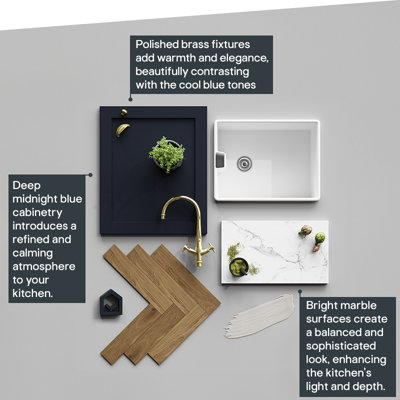 Deep blue cabinetry introduces a refined and calming atmosphere to your kitchen. Polished brass fixtures add warmth and elegance, beautifully contrasting with the blue tones. Bright marble surfaces create a balanced and sophisticated look, enhancing the kitchen's light and depth.
