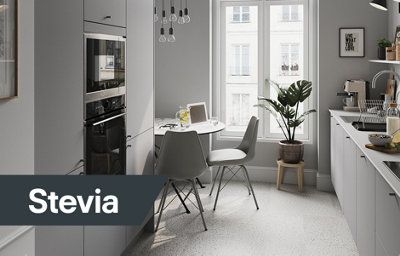 Explore the Stevia matt pewter slab kitchen, featuring smooth slab doors for easy cleaning and available in 6 contemporary colours.