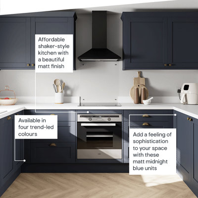 Affordable shaker-style kitchen with a beautiful matt finish. Add a feeling of sophistication to your space with these matt dark blue units. Available in four trend-led colours.