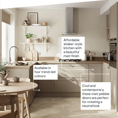 Affordable shaker-style kitchen with a beautiful matt finish. Available in four trend-led colours, the warm grey colour is cool and contemporary - perfect for creating a neutral look.