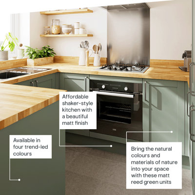 Bring the natural colours and materials of nature into your space with these pale green units. Available in four trend-led colours, these affordable shaker-style kitchen units has a beautiful matt finish.