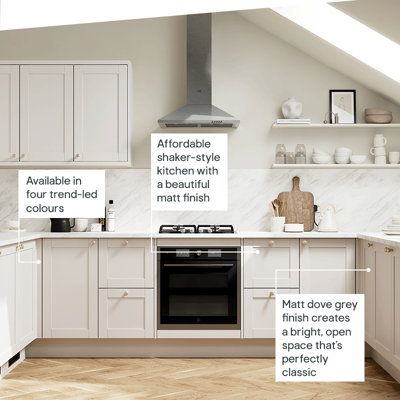 Affordable shaker-style kitchen with a beautiful matt finish. Available in four trend-led colours, the light grey colour creates a bright, open space that's perfectly classic.