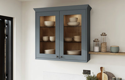 The Tydeman kitchen, featuring shaker style cabinets in a soft shade of blue.