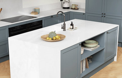 The Tydeman kitchen, featuring shaker style cabinets in a soft shade of blue.