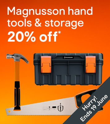 Shop 20% off Magnusson hand tools and storage. Includes Magnusson Claw Hammer, Magnusson General purpose Wood saw and Magnusson 18 inch tool box.  Terms & conditions apply, see the *Promotional terms & conditions at the end of the page.