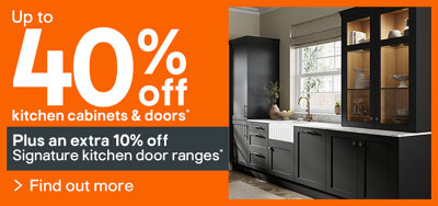Up to 40% off kitchen cabinets and doors. Plus an extra 10% off Signature kitchen door ranges. Spend thresholds apply. Terms and conditions apply. Find out more.