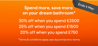 Spend more, save more. Up to 30% off bathrooms when you spend £2500. Only on products sold & shipped by B&Q. Follow the link below to find out more.