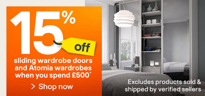 Save 15% on selected sliding wardrobe doors and Atomia wardrobes when you spend £500. Only on products sold & shipped by B&Q. Follow the link below to find out more.
