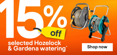 15% off Hozelock & Gardena watering. Hozelock 2 in 1 Freestanding Hose pipe set, Gardena Blue, orange & grey Hose pipe & cart set  and Gardena Multi sprayer Hose spray gun. Terms & conditions apply, see the *Terms & conditions at the end of the page. Shop now