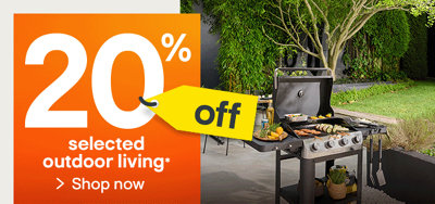 20% off selected outdoor living, includes GoodHome Powell Black 4 Burner Gas BBQ. Terms & conditions apply, see the *Terms & conditions at the end of the page. Shop now