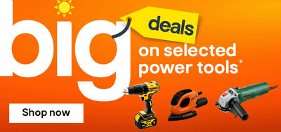 Banner. Big deals on selected power tools. Image of Dewalt drill, black and decker sander, Bosch multi tool. Shop now