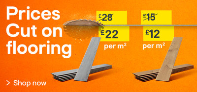 Prices cut on flooring. includes GoodHome Mambo Light Grey Natural Wood effect Synchronised Click vinyl Planks. was £28 now £22 per square metre, and Ravensdale Plank Oak effect Laminate Flooring was £15 now £12 per square metre. Shop now