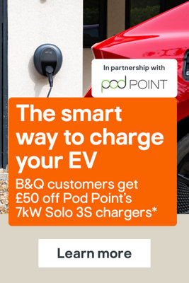 The smart way to charge your EV. B&Q customers get £50 off Pod Point's 7kW Solo 3S chargers*. (terms apply). Learn more.
