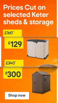 Prices cut on selected Keter sheds & storage. Includes Keter Store It Out Midi 880L garden storage box in beige and brown, was £340 now £300, and Keter Darwin 6 x 4ft apex plastic shed with floor, one window and base included, was £160 now £129. Shop now