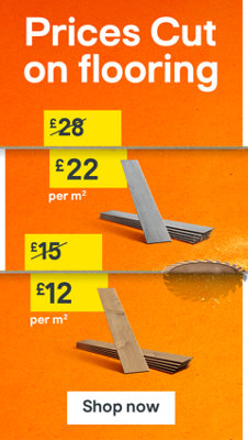 Prices cut on flooring. includes GoodHome Mambo Light Grey Natural Wood effect Synchronised Click vinyl Planks. was £28 now £22 per square metreand Ravensdale Plank Oak effect Laminate Flooring was £15 now £12 per square metre. Shop now