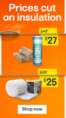 Prices cut on insulation. Includes Knauf Eko Roll Loft Insulation Roll was £40 now £27, and Diall Insulation Roll was £26 now £25. Shop now.