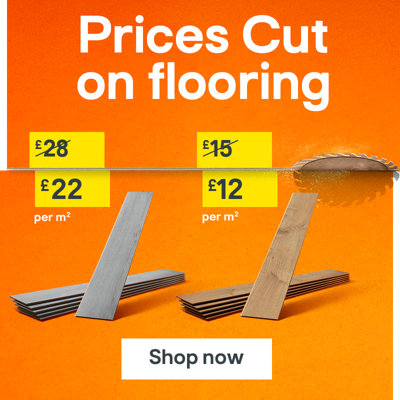 Prices cut on flooring. includes GoodHome Mambo Light Grey Natural Wood effect Synchronised Click vinyl Planks. was £28 now £22 per square metre, and Ravensdale Plank Oak effect Laminate Flooring was £15 now £12 per square metre. Shop now