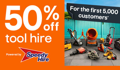 50% off Tool Hire for the first 5,000 customers. Powered by Speedy Hire. Terms & conditions apply, see the *terms & conditions at the end of the page. Click here to hire now.