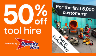 50% off Tool Hire for the first 5,000 customers. Powered by Speedy Hire. Terms & conditions apply, see the *terms & conditions at the end of the page. Click here to hire now.