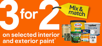 3 for 2 on selected interior and exterior paint. Includes Valspar Premium 5L, Sandtex Microseal Masonry paint 10L, Leyland Pure brilliant white Matt Emulsion paint 10L, V&CO Interior Wall & ceiling Dead-Flat Matt Emulsion 2.5L, Ronseal One Coat Dark Oak Matt Exterior Shed & fence Protector Wood paint 5L, Dulux Easycare Washable & Tough Matt Wall & ceiling Emulsion paint 5L, Lick Matt Emulsion paint 2.5L. Terms & conditions apply, see the *terms & conditions at the end of the page. Shop now.