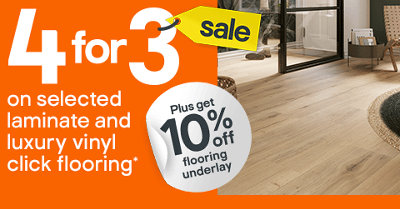 4 for 3 on laminate and luxury vinyl click flooring, plus get 10% off selected underlay. Includes GoodHome Dawnham Natural Wood effect Laminate Flooring. Terms & conditions apply, see the *terms & conditions at the end of the page. Shop now.