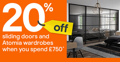 20% off Sliding Doors & Atomia Wardrobes when you spend £750. Includes Spacepro Element Black frame 4 panel Mirrored Sliding wardrobe door. Terms & conditions apply, see the *terms & conditions at the end of the page. Shop now.