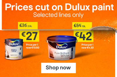 Prices cut on Dulux paint, selected lines only. Dulux Walls & Ceilings Soft Sheen Emulsion Paint in Egyptian Cotton 2.5L was €36 now €27, price per litre now €10.80. Dulux Easycare Washable & Tough Matt Emulsion Paint in Truffle 2.5L was €55 now €35, price per litre now €14. Dulux Pure Brilliant White Vinyl Matt Emulsion Paint 10L was €54 now €42, price per litre now €4.20. Shop now.