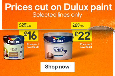 Prices cut on Dulux paint, selected lines only. Dulux Walls & Ceilings Matt 2.5L was £25 now £16, price per litre now £6.40. Dulux Easycare Washable & Tough Matt 2.5L was £32 now £21, price per litre now £8.40. Dulux Pure Brilliant White Matt Emulsion 10L was £28 now £22, price per litre now £2.20. Shop now.