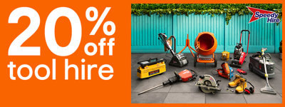 20% off tool hire. Power tools available for hire via Speedy hire