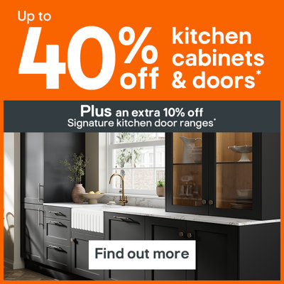 Up to 40% off kitchen cabinets and doors. Plus an extra 10% off Signature kitchen door ranges. Spend thresholds apply. Terms and conditions apply. Find out more.