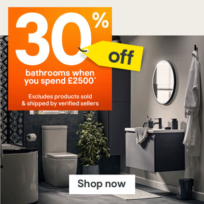 30% off Bathrooms when you spend £2,500. Includes GoodHome Imandra matt blue bathroom furniture. Excludes products sold and shipped by verified sellers.  Terms & conditions apply, see the *Terms & conditions at the end of the page.