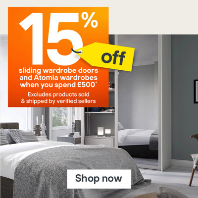 15% off sliding wardrobe doors and Atomia wardrobes when you spend £500. Excludes products sold and shipped by verified sellers. Terms & conditions apply, see the *Terms & conditions at the end of the page.