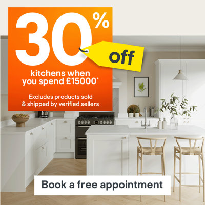 30% off kitchens when you spend £15000. Includes GoodHome Garcinia stone fitted kitchen range. Excludes products sold and shipped by verified sellers. Terms & conditions apply, see the *Terms & conditions at the end of the page.