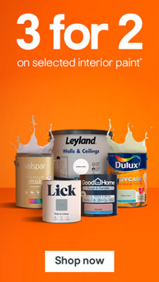 3 for 2 on selected interior paint. Includes paint from Valspar, Lick, Leyland, GoodHome and Dulux. Terms & conditions apply, see the promotional terms & conditions at the bottom of the page. Shop now