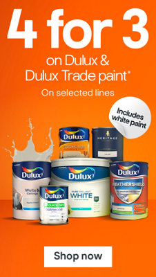 4 for 3 on selected Dulux and Dulux Trade paint, including white paint. Includes Walls & Ceilings, Quick Dry Satinwood, Pure Brilliant White, Easycare, Heritage and Weathershield ranges. Terms and conditions apply, see the Terms and conditions at the end of the page. Shop now.
