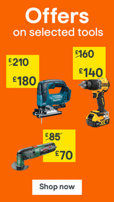 Offers on selected power tools. Includes Makita 18V LXT Cordless Jigsaw was £210 now £180, DeWalt 18V Li-ion XR Brushless Cordless Combi drill was £180 now £140, Bosch 240V 220W Corded Multi tool was £85 now £70. Shop now
