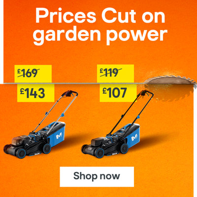 Prices cut on garden power. Includes Mac Allister 1700W 38cm Corded Push Lawnmower was £119 now £107 and Mac Allister 18V Cordless 34cm Push Lawnmower was £169 now £143. Shop now