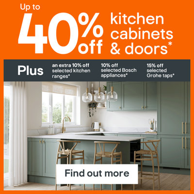 Up to 40% off kitchen cabinets and doors. Plus an extra 10% off selected kitchen ranges, 10% off selected Bosch appliances and 15% off selected Grohe taps. Terms & conditions apply, see the promotional terms & conditions at the bottom of the page. Find out more.