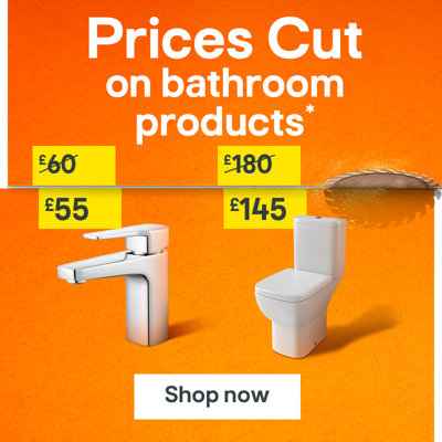 Prices cut on bathroom products, includes GoodHome Teesta Standard Basin Mixer Tap was £60 now £55, and Cooke & Lewis Santoro White Close-coupled Toilet with Soft close seat was £180 now £145. Terms & conditions apply, see the *Terms & conditions at the end of the page. Shop now