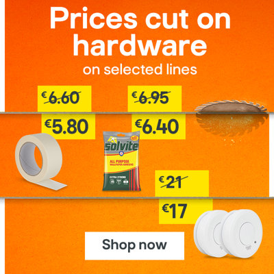 Prices cut on hardware. Includes Diall Beige Masking Tape was €6.60 now €5.80, Solvite All purpose Wallpaper Adhesive was €6.95 now €6.40 and Smith & Locke KD-129H Standalone Optical Smoke Alarm was €21 now €17. Shop now