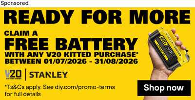 Sponsored gallery page banner for Stanley. Ready for more. Claim a free battery with any V20 kitted purchase between 1st of July and 31st of August. Ts&Cs apply. Shop now.