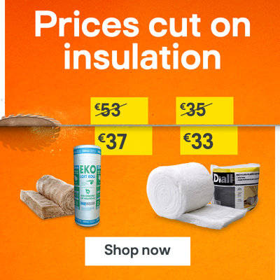 Prices cut on insulation. Includes Knauf Eko Roll Loft insulation roll was €53 now €37 and Diall Insulation roll was €35 now €33. Shop now