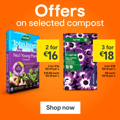 Offers on selected compost, includes Westland John Innes No.1 Peat-free Multi-purpose Compost 28L, 2 for €16, and Verve Peat-free Multi-purpose Compost 50L, 3 for €18. Shop now
