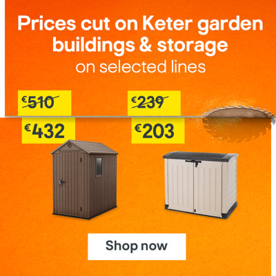 Prices cut on Keter. On selected lines. Includes Keter Store-it-out ARC 1200L Plastic Garden storage box was €239 now €203 and Keter Darwin 6x4 ft Apex Plastic Shed was €510 now €432. Shop now