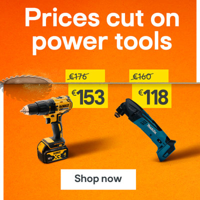 Prices cut on power tools. DeWalt 18V XR Brushless Combi Drill was €176 now €153. Makita 18V LXT Multi Tool was €160 now €118. Shop now.
